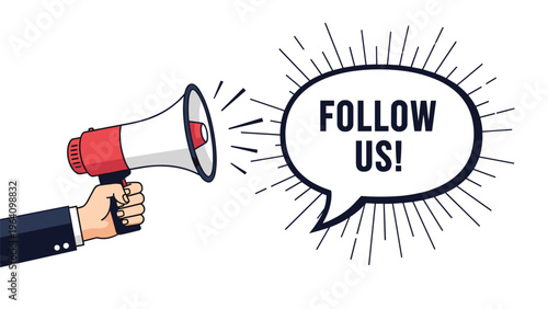Human hand holding megaphone with speech bubble containing follow us text for social media marketing and audience engagement.