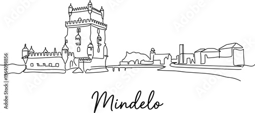 Mindelo Cape Verde skyline with Belem Tower replica continuous line art vector illustration