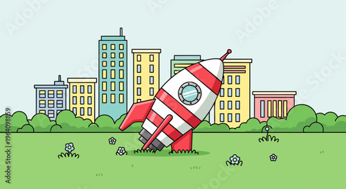 cartoon rocket spaceship crash landing nose-down in green urban park near city buildings a playful illustration of space exploration.