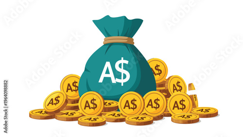 Large green money bag featuring Australian dollar symbol surrounded by piles of gold coins on a clean white background.