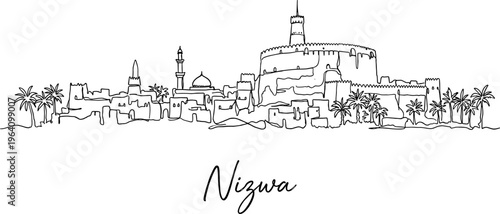 Nizwa Oman skyline featuring fort and palm trees continuous line art vector