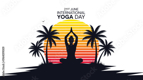 International Yoga Day silhouette of person in meditation pose against a sunset over a tropical beach with palm trees.