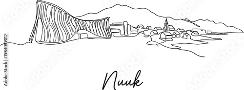 Nuuk Greenland skyline with Katuaq Cultural Centre continuous line drawing vector illustration