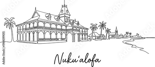 Nuku'alofa Tonga Royal Palace skyline on beach continuous line drawing vector illustration