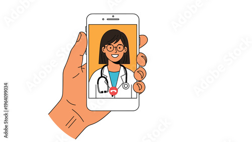 Close up of a human hand holding a smartphone during an online video medical consultation with a professional female doctor.