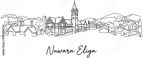 Nuwara Eliya Sri Lanka city skyline with clock tower one line drawing vector illustration