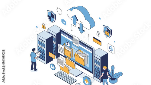 Secure data management and cloud storage concept with people organizing folders on computer connected to server racks.