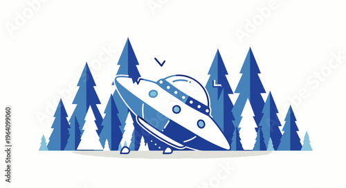 a blue ufo crash-landed in a minimalist forest creating a mysterious scene perfect for technology and sci-fi illustrations