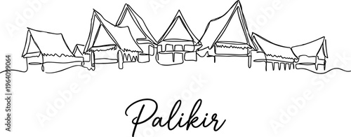 Palikir Micronesia traditional village architecture continuous line drawing minimalist vector illustration