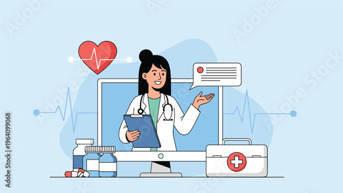 Female doctor on computer screen providing online medical advice with medicine bottles first aid kit and heart rate icons.