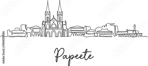 Papeete Tahiti city skyline with Notre Dame Cathedral minimalist continuous line art vector illustration