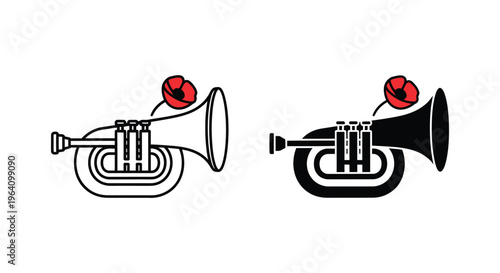 Trombone icons, musical instrument symbols, black and white illustrations, trumpet style