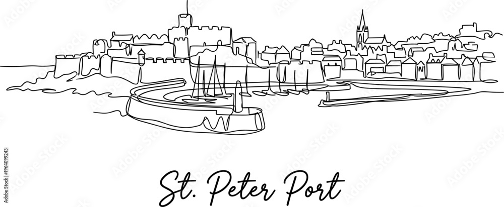 Fototapeta premium St Peter Port Guernsey harbor skyline minimalist continuous line art vector illustration