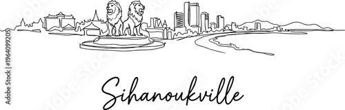 Sihanoukville Cambodia city skyline and Golden Lions monument continuous line art vector illustration