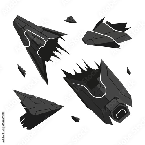 broken futuristic spaceship wreckage scattered representing a technological failure or alien crash accident concept