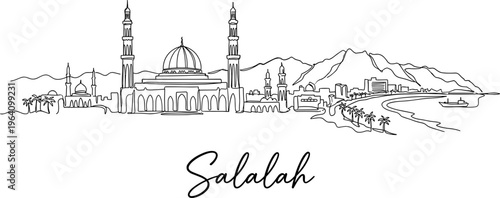 Salalah Oman city skyline with mosque and mountains continuous line art vector