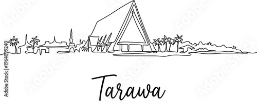 Tarawa Kiribati city skyline with palm trees in continuous one line art vector illustration