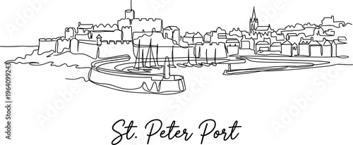 St Peter Port Guernsey harbor skyline minimalist continuous line art vector illustration
