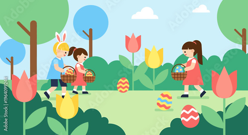 modern flat design easter egg hunt fun for happy children collecting colorful eggs in a spring park