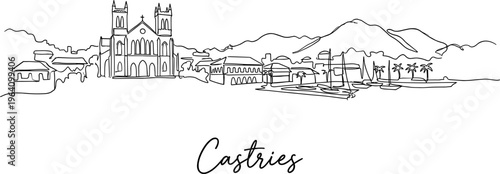 Castries Saint Lucia skyline harbor view minimalist continuous line art vector illustration