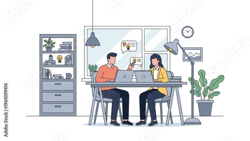 Two professional colleagues sitting at a desk in a bright office environment while working on their laptops and sharing ideas.