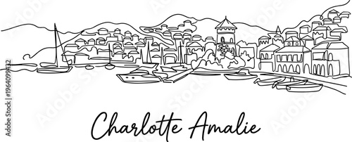 Charlotte Amalie city skyline St. Thomas Virgin Islands harbor one line art minimalist vector illustration