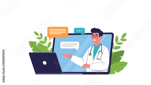 Professional doctor on a laptop screen with speech bubbles for telemedicine consultations in a natural green leaf environment.