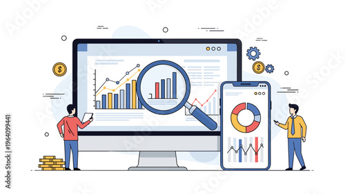 Business professionals analyzing complex financial data and growth charts on computer monitors for market research and strategic planning purposes.
