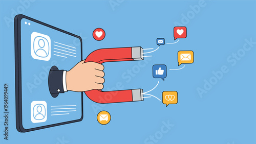 Large magnet held by a hand coming out of a screen to attract social media engagement and notification icons from the web.