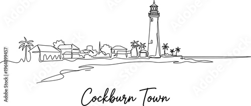Cockburn Town skyline with Grand Turk Lighthouse continuous line art vector