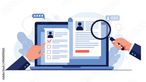 Human resources recruitment process showing hands using a magnifying glass to inspect candidate resumes and tick checkboxes on a laptop screen.