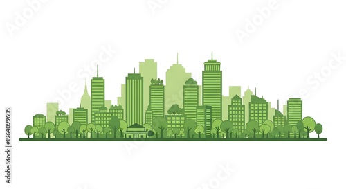 Sustainable green city skyline silhouette with eco-friendly urban architecture and trees.