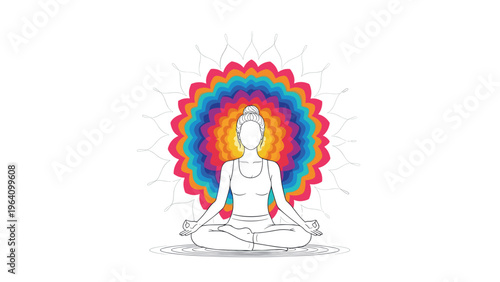 Peaceful woman practicing yoga in a lotus position with a vibrant colorful mandala halo representing spiritual wellness and mindfulness meditation.