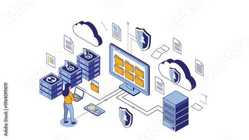 Isometric technology illustration of a data center with secure server racks, protected clouds, and a professional woman managing files on a laptop.