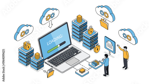 Technical team managing a software loading process on a laptop connected to cloud storage, database servers, and secure data files in isometric view.