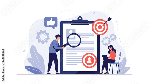 HR managers using targets and magnifying glasses to find the perfect candidate from a giant resume document during a corporate hiring session.