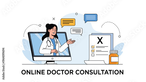 Online doctor consultation platform showing a female physician on a computer screen next to medical prescriptions and a bottle of medicine pills.