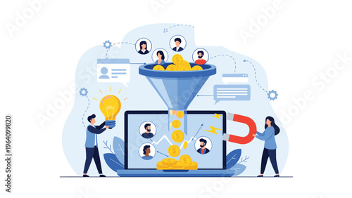 Digital marketing lead generation concept with a funnel on a laptop converting social users into gold coins using a magnet to attract customers.