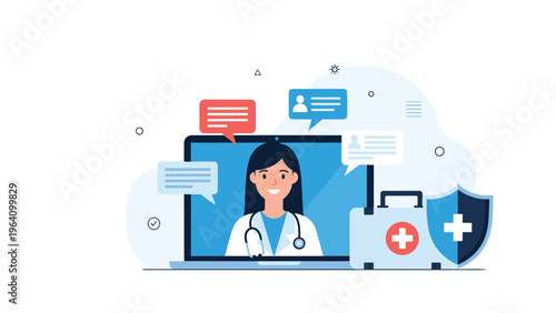 Medical telehealth consultation on a laptop screen featuring a friendly female doctor, speech bubbles, and a first aid kit for remote assistance.