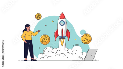 Cryptocurrency market success concept with rocket launching upwards surrounded by bitcoin coins and woman celebrating.