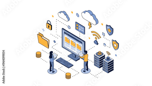 Technical team of IT specialists managing complex network system with cloud storage data security and file archives.