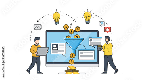 Marketing professionals converting creative ideas and user engagement into profit through digital sales funnel.