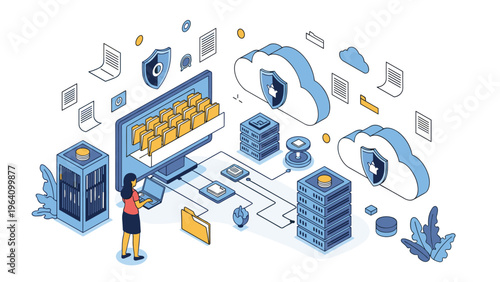Data management specialist organizing secure file archives with cloud storage server racks and protection shields.