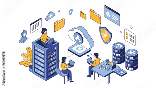 Technical team managing global cloud server infrastructure with focus on data security and efficient file storage.