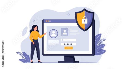 Security professional explaining user authentication and data protection with login screen and padlock shield symbol.