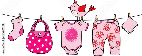 Hand drawn baby girl clothes on clothesline, pink infant apparel and cute bird illustration, newborn shower vector elements for greeting cards