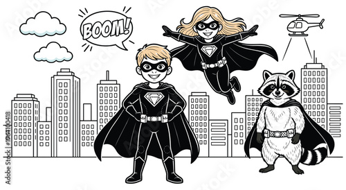 Superheroes boy girl and raccoon in city with helicopter flying.