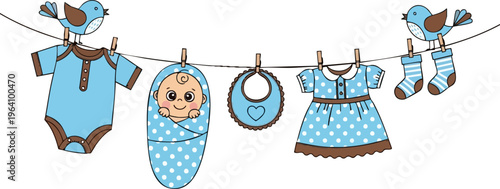 Baby boy shower vector illustration, blue newborn clothes hanging on clothesline with birds, cute infant bodysuit and swaddle set for nursery decor