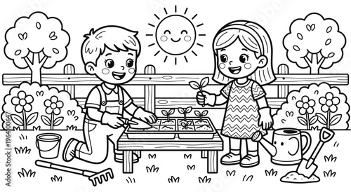 Children planting seedlings in garden with sun and watering can.