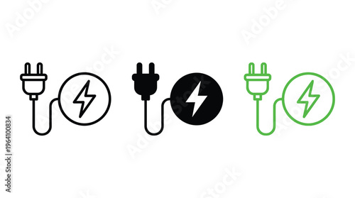 Car charging point icon. Electric plug symbol. Electricity sign. Green energy vector illustration. Wire with plug and lightning bolt pictogram. Phone charge technology concept.